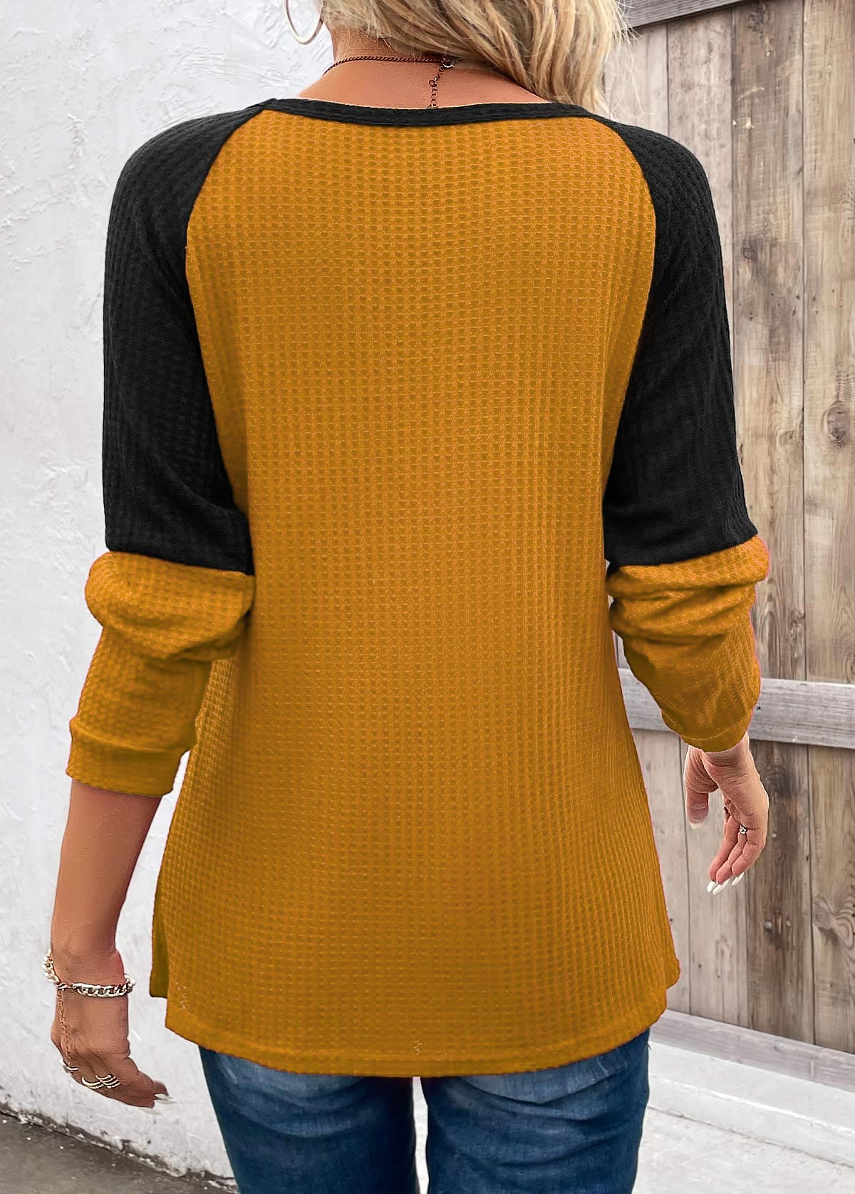 Ginger Patchwork Long Sleeve Round Neck T Shirt