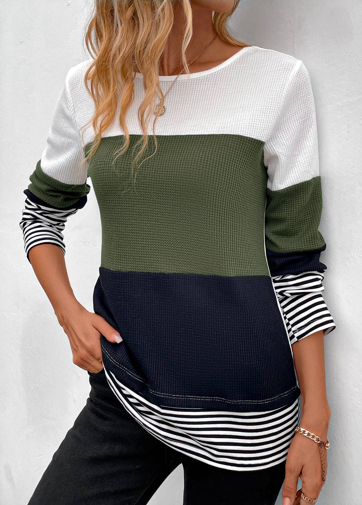 Olive Green Patchwork Striped Long Sleeve T Shirt