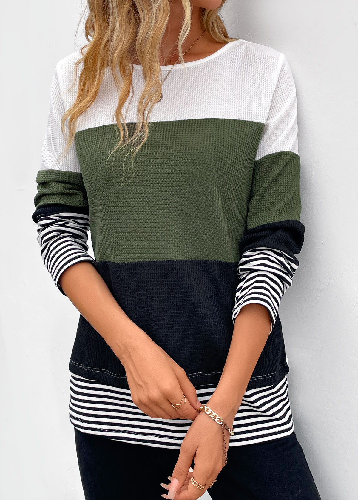 Olive Green Patchwork Striped Long Sleeve T Shirt