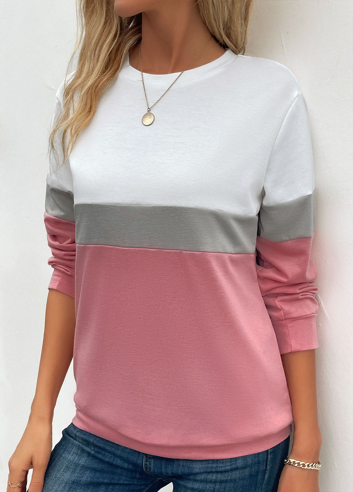 Pink Patchwork Long Sleeve Round Neck Sweatshirt | modlily.com - USD 26.98