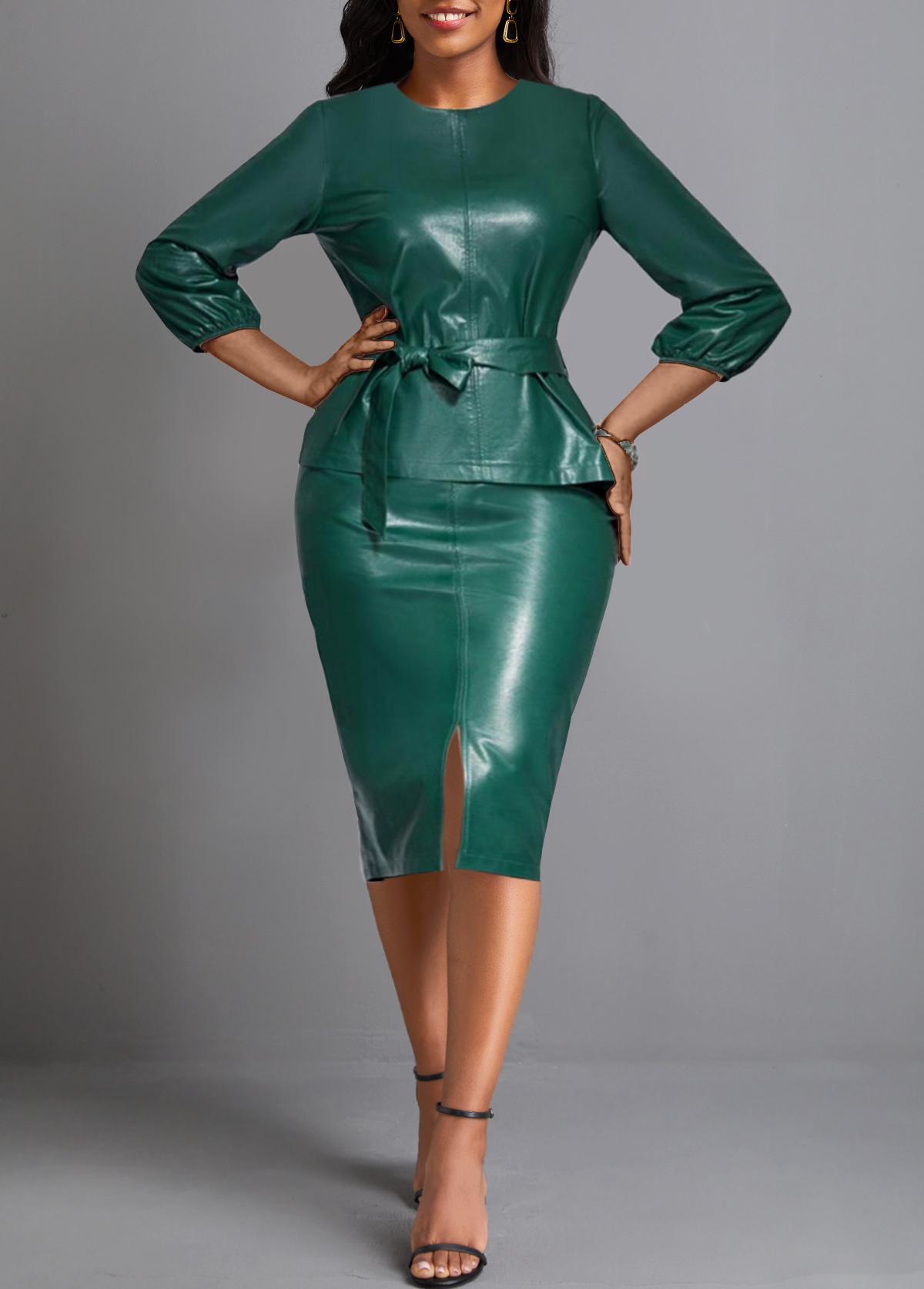 Blackish Green Faux Leather Belted Round Neck Bodycon Dress