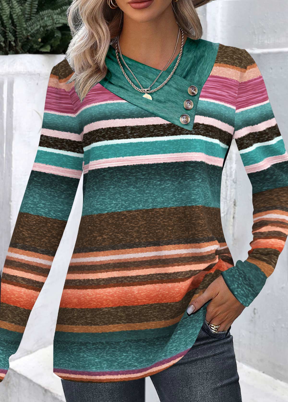 Multi Color Patchwork Striped Long Sleeve Asymmetrical Neck Sweatshirt