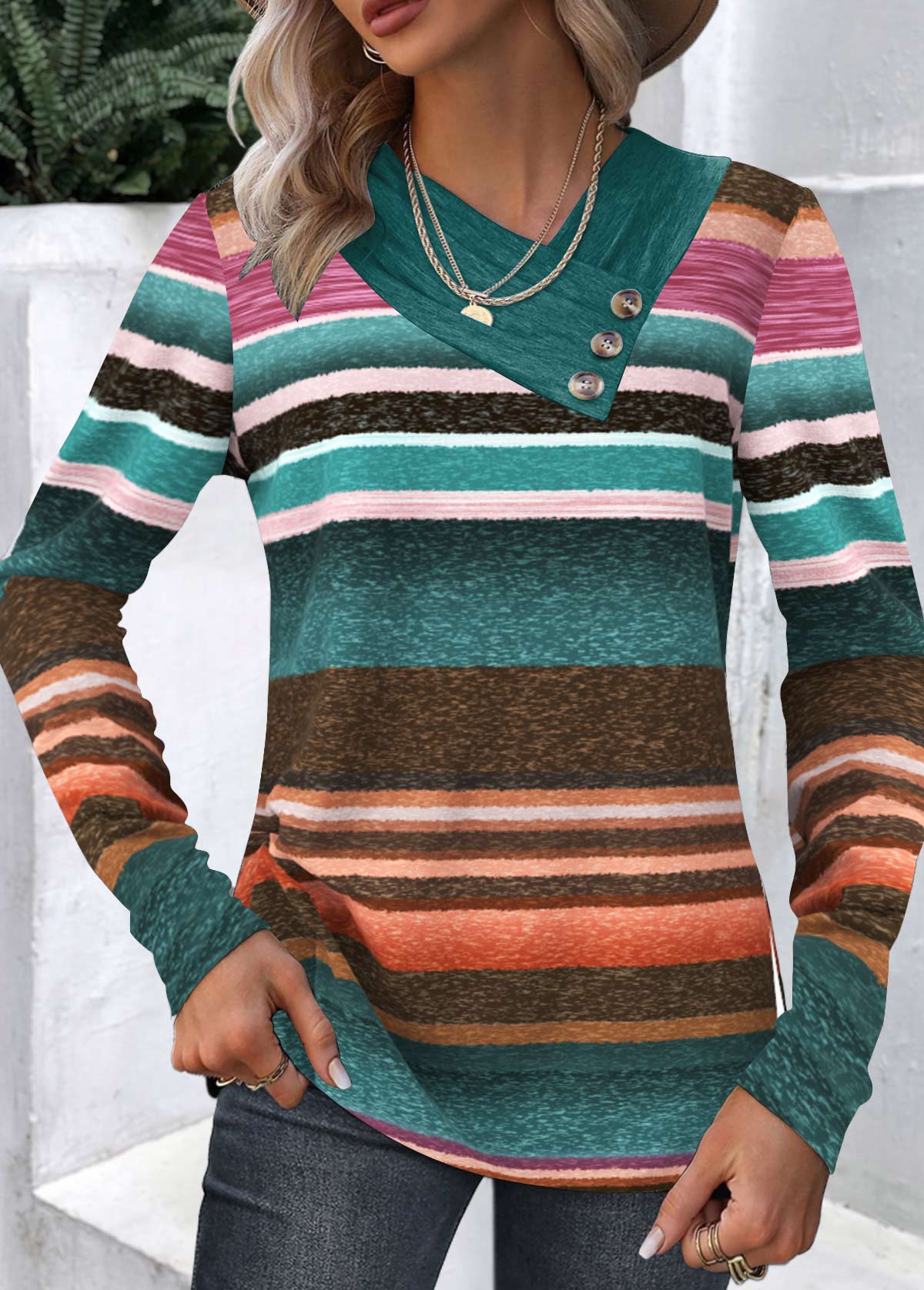 Multi Color Patchwork Striped Long Sleeve Asymmetrical Neck Sweatshirt