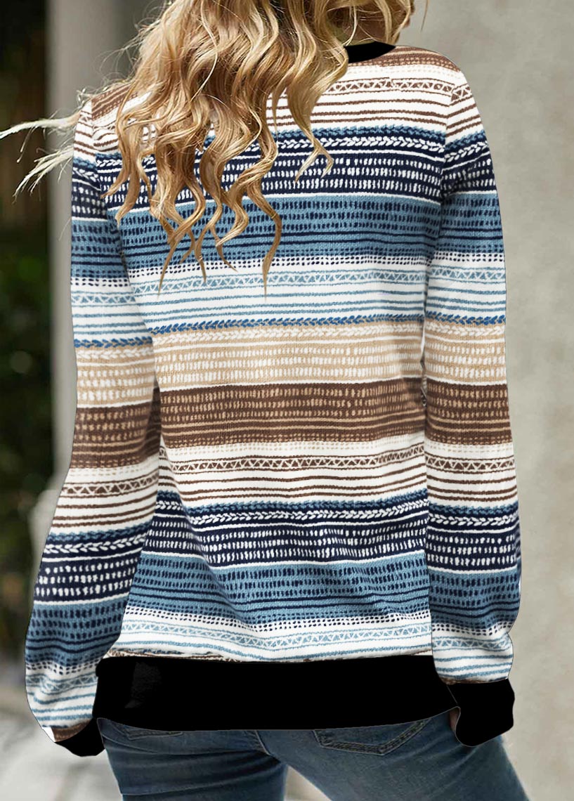 Blue Geometric Print Long Sleeve Cowl Neck Sweatshirt