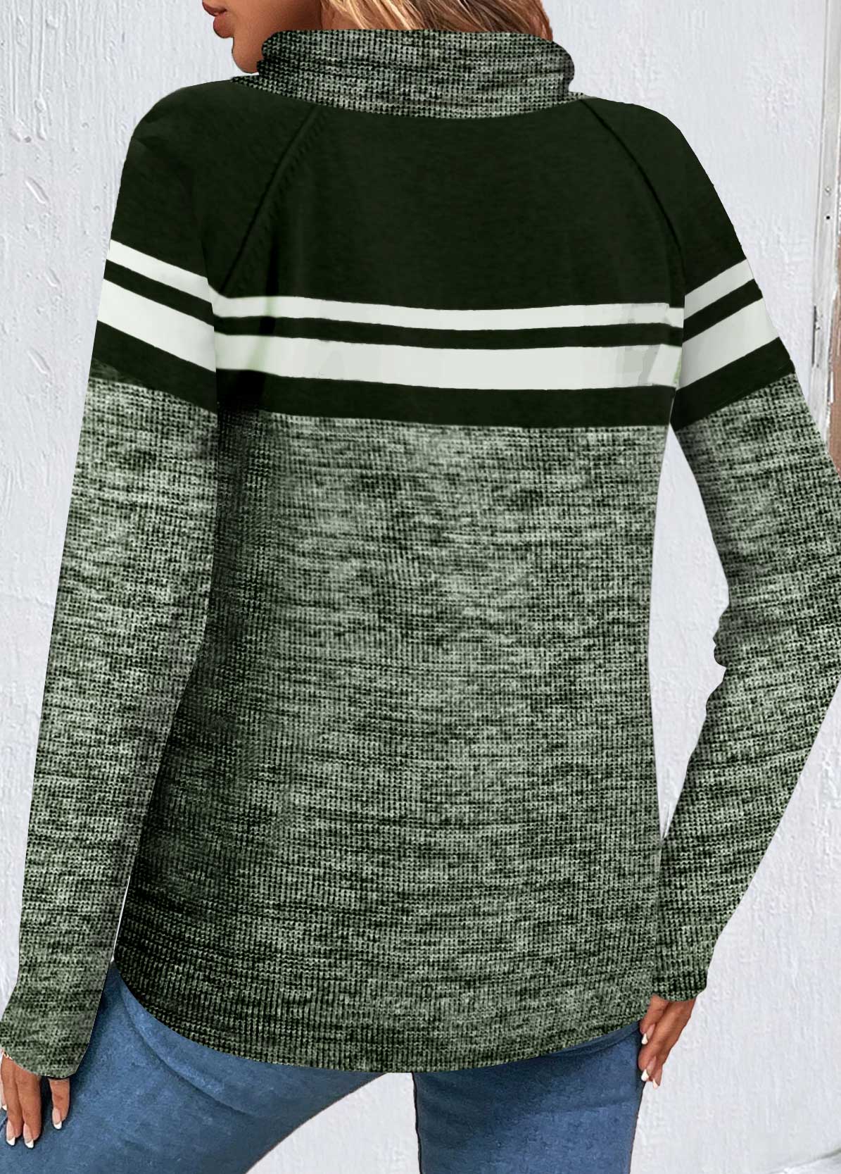Blackish Green Patchwork Striped Long Sleeve Cowl Neck Sweatshirt