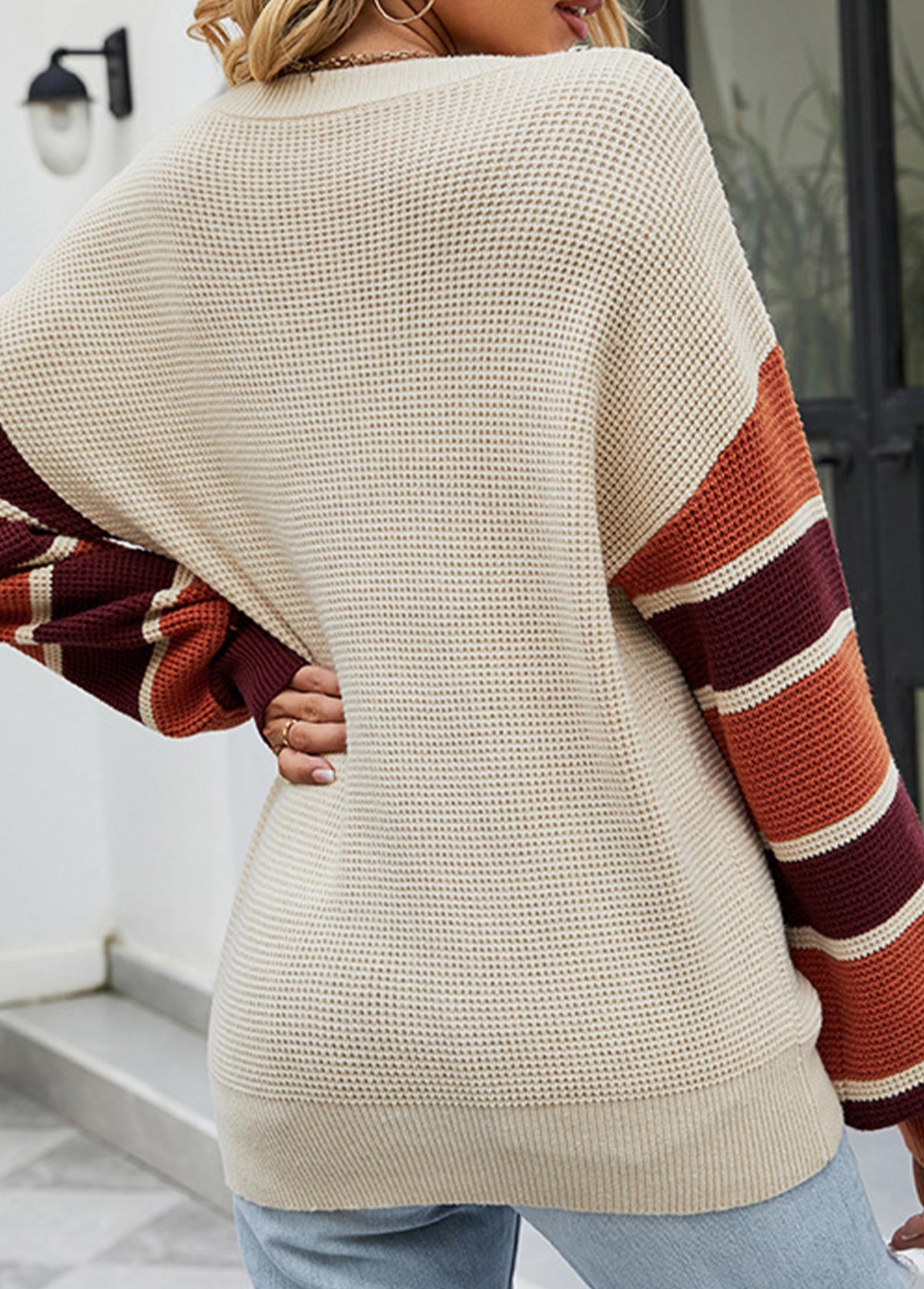 Light Camel Button Striped Long Sleeve V Neck Sweater
