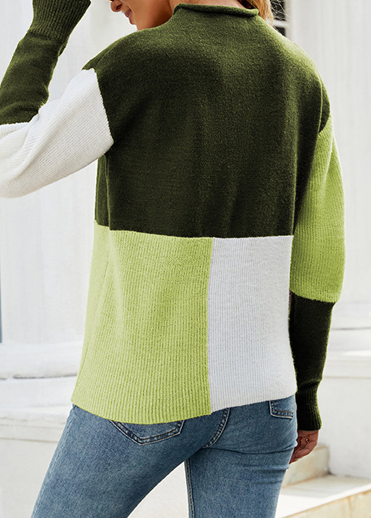 Olive Green Patchwork Geometric Print Long Sleeve Sweater