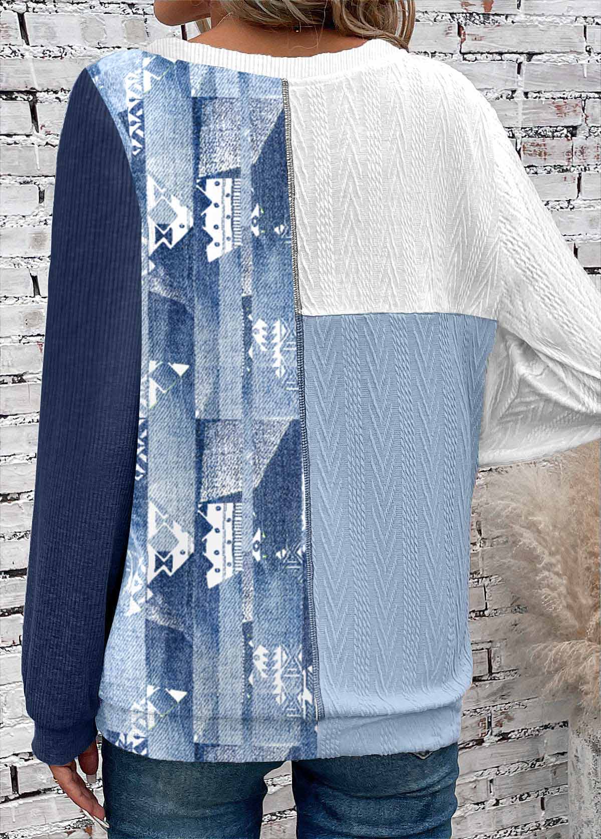 Dusty Blue Patchwork Long Sleeve Round Neck Sweatshirt