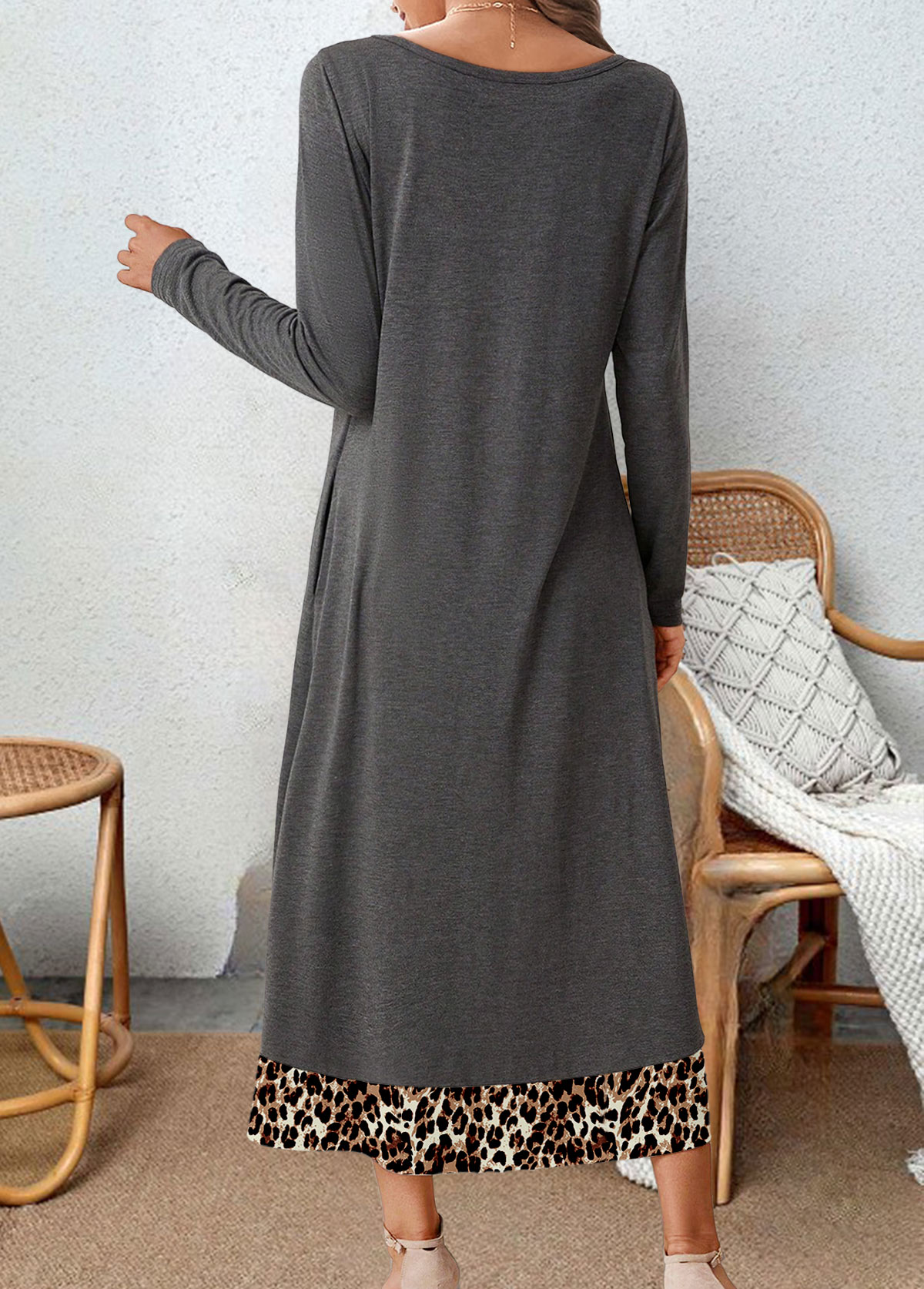 Plus Size Dark Grey Button Leopard A Line Dress