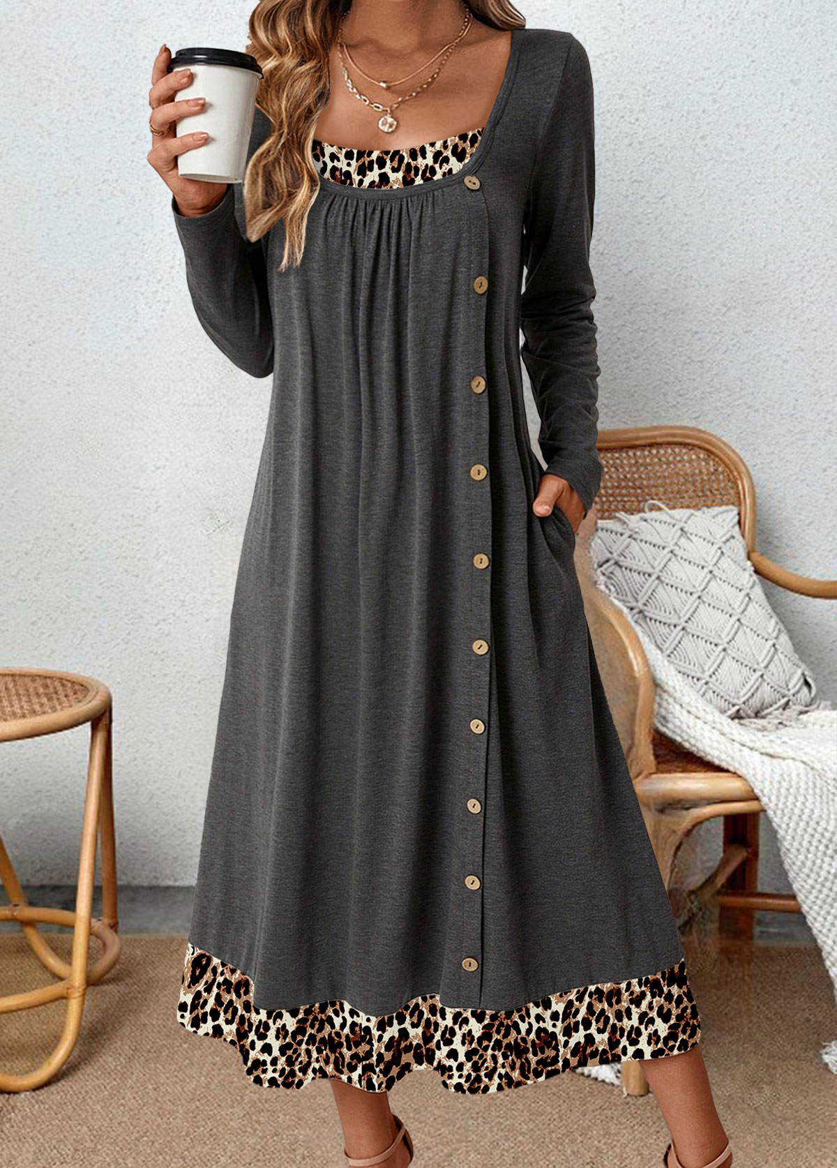 Plus Size Dark Grey Tummy Coverage Leopard Dress | picture 