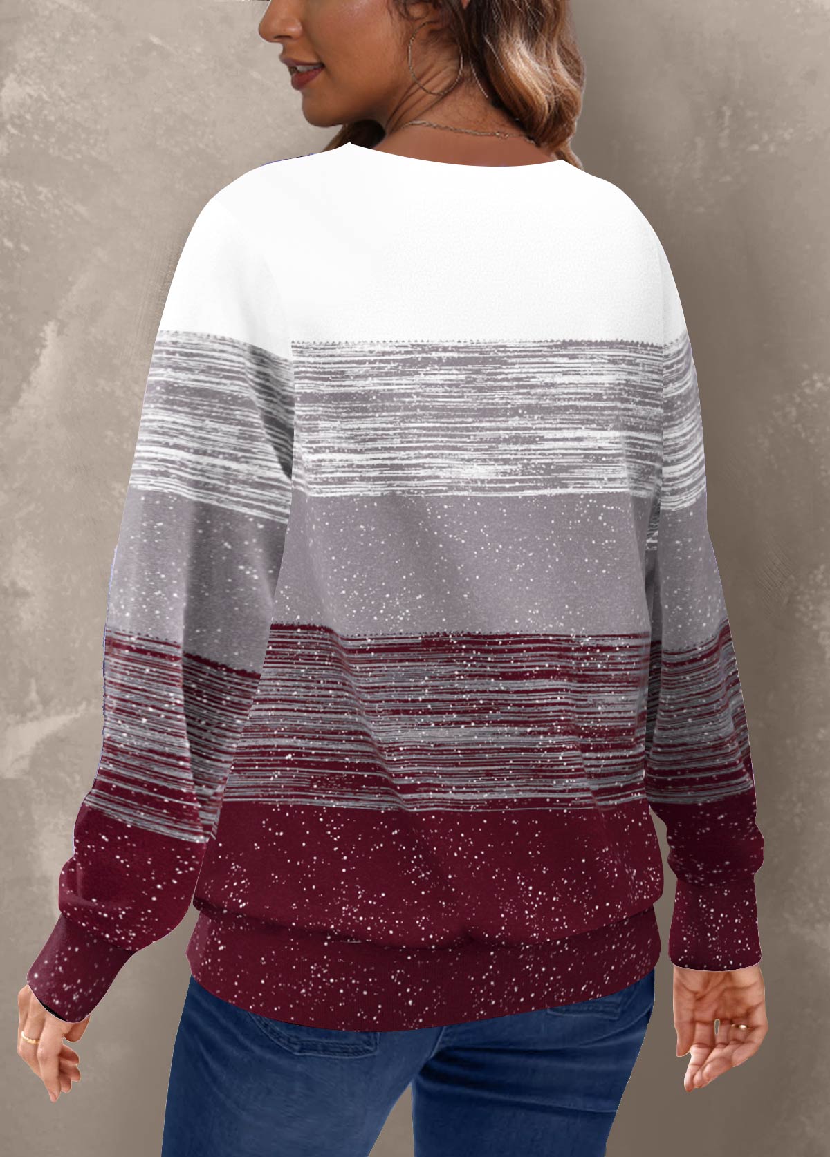 Plus Size Wine Red Geometric Print Long Sleeve Sweatshirt