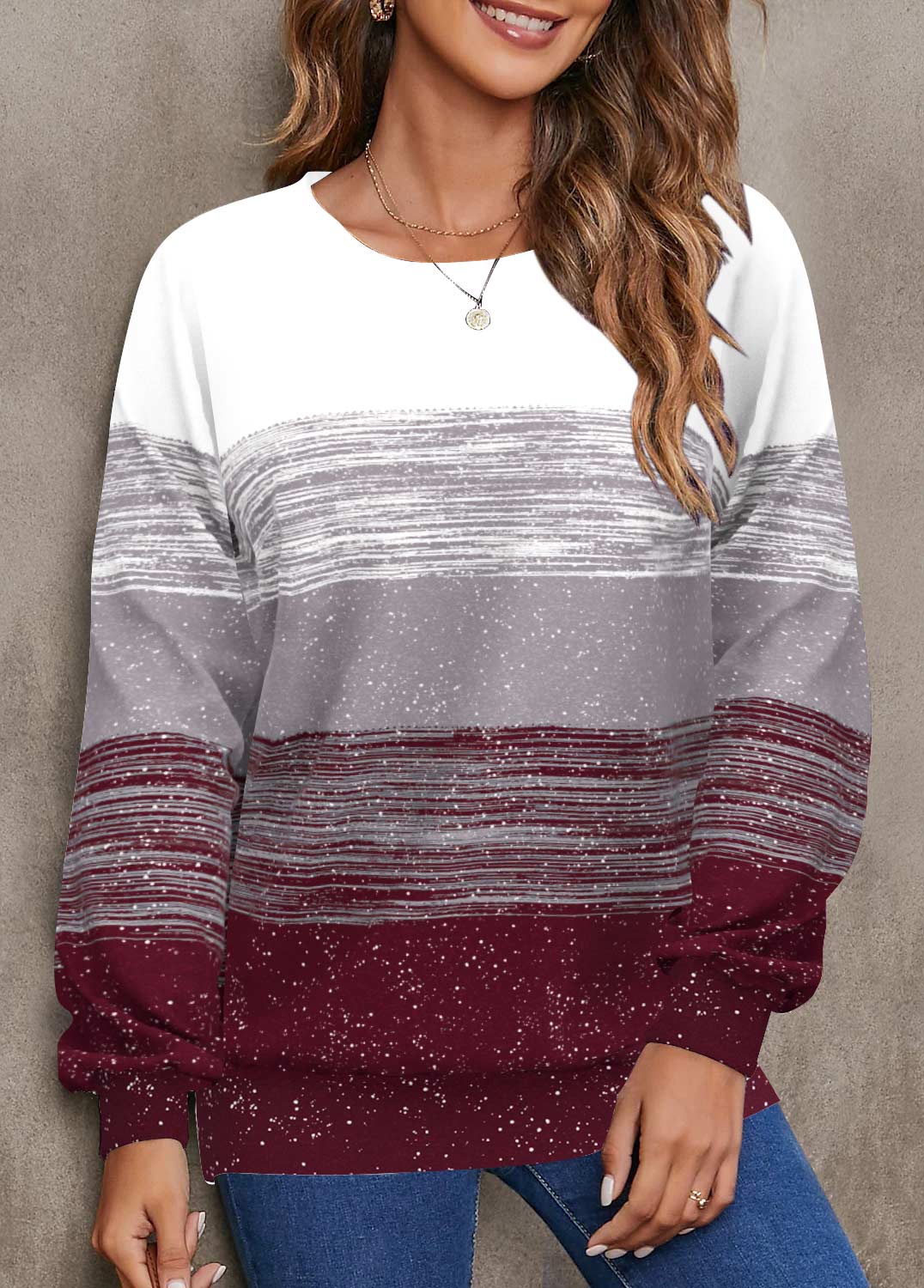 Plus Size Wine Red Geometric Print Long Sleeve Sweatshirt | picture 