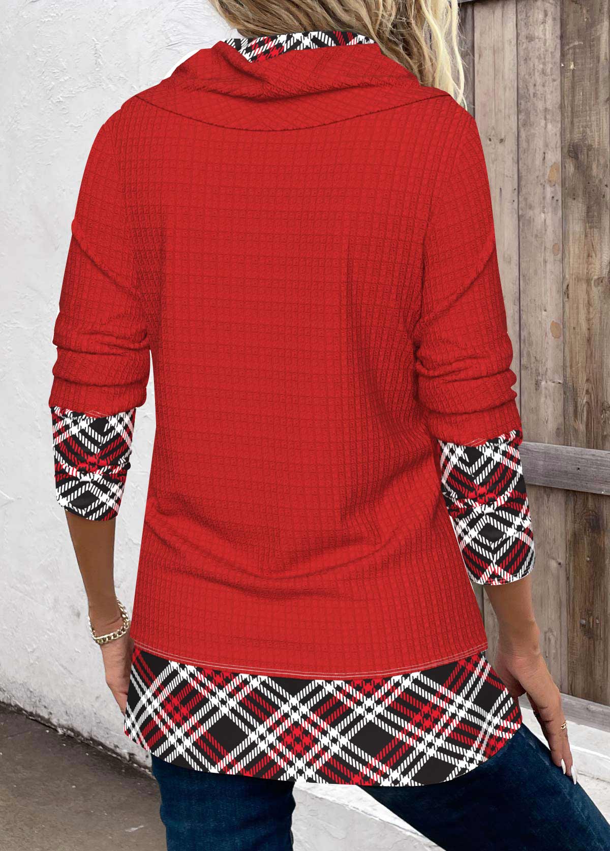Red Patchwork Plaid Long Sleeve Cowl Neck Sweatshirt