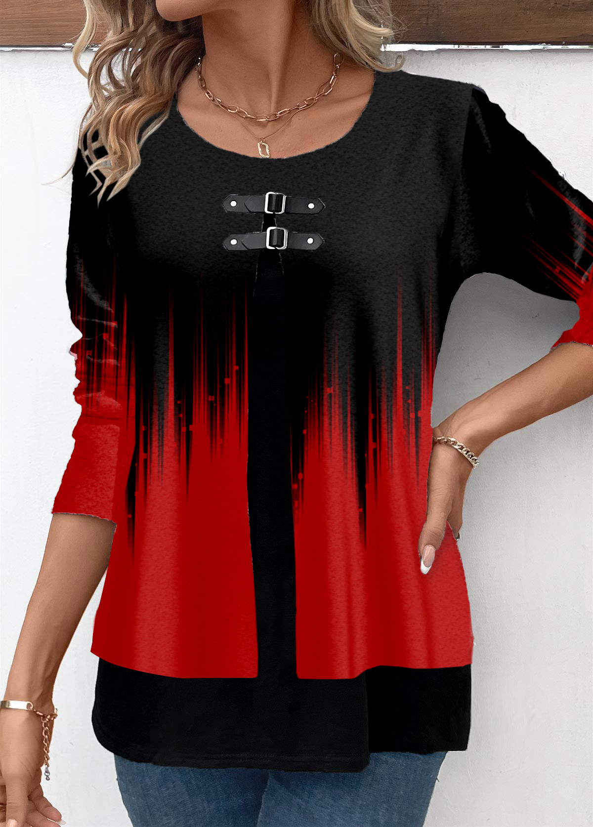 Red Patchwork Ombre Long Sleeve Round Neck Blouse