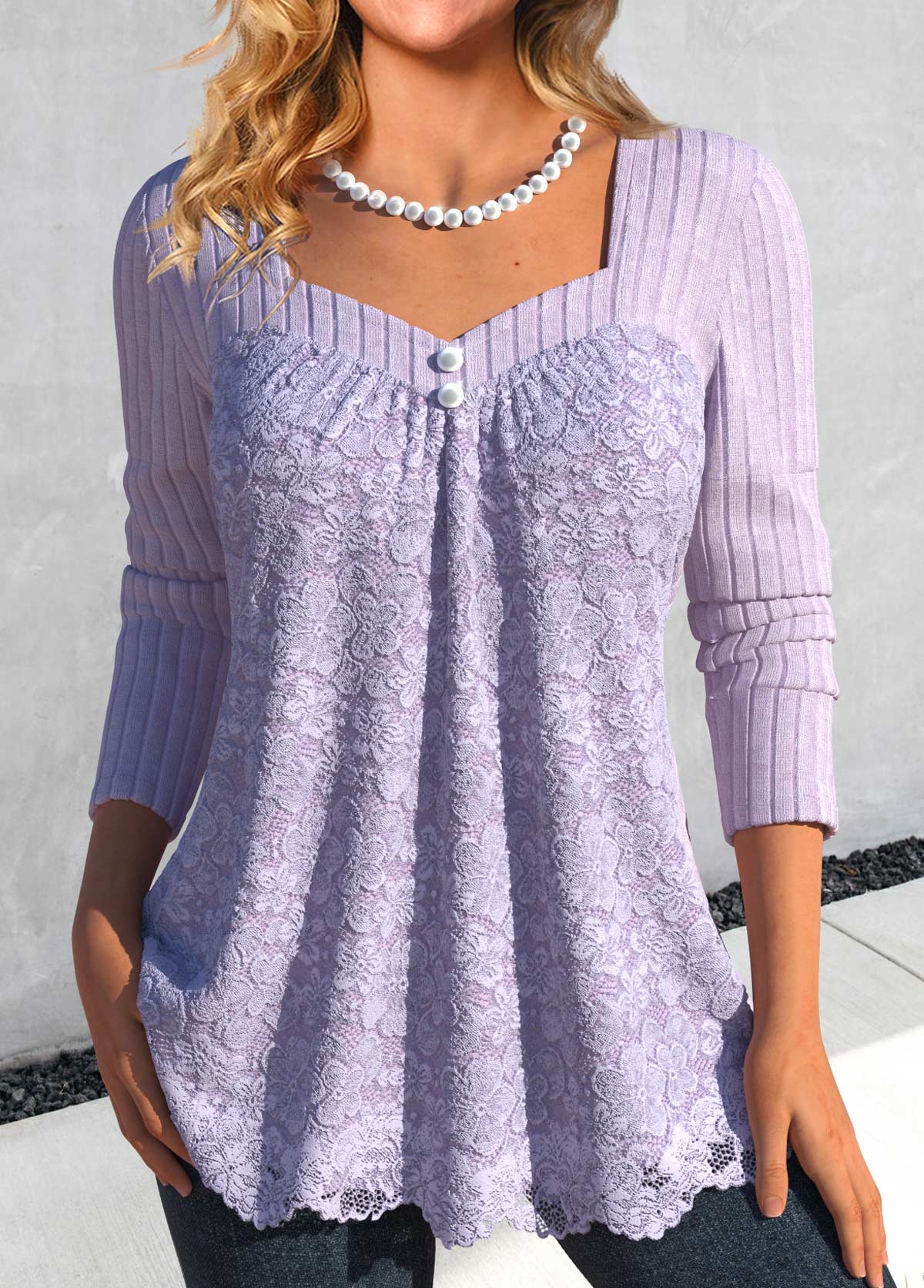 Light Purple Lace Long Sleeve Heart Collar T Shirt