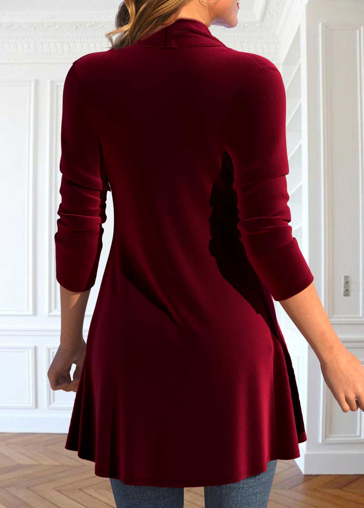 Wine Red Sequin Long Sleeve Square Neck T Shirt