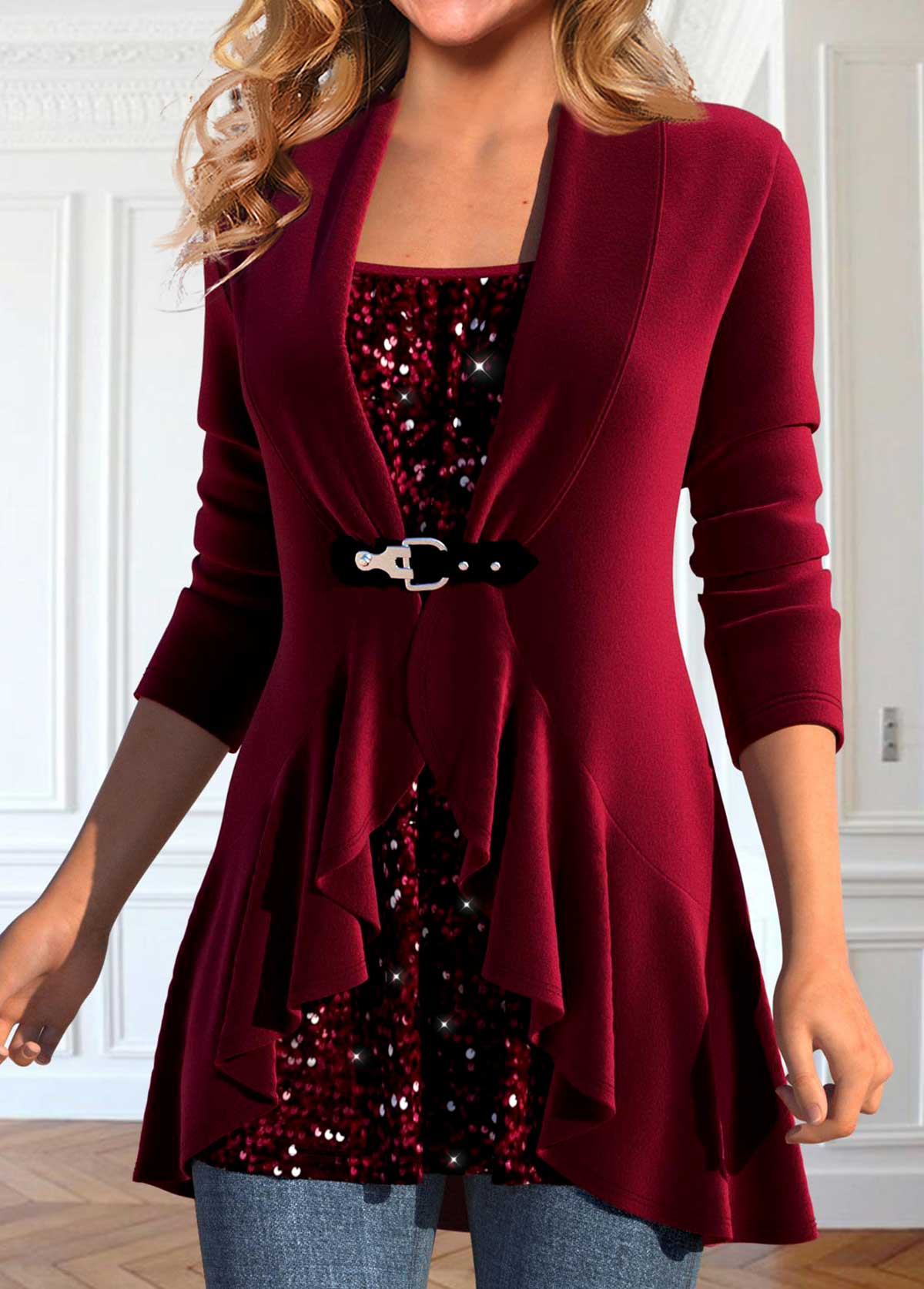 Wine Red Sequin Long Sleeve Square Neck T Shirt