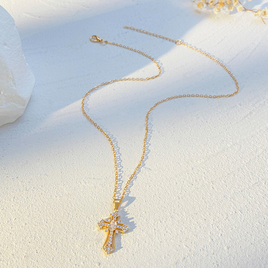 Hot Drilling Alloy Gold Cross Necklace