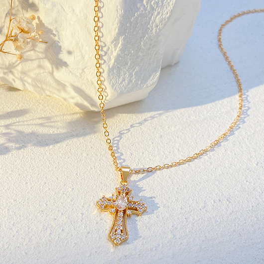 Hot Drilling Alloy Gold Cross Necklace