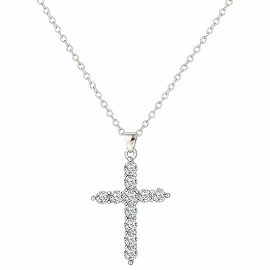 Silvery White Cross Alloy Rhinestone Necklace