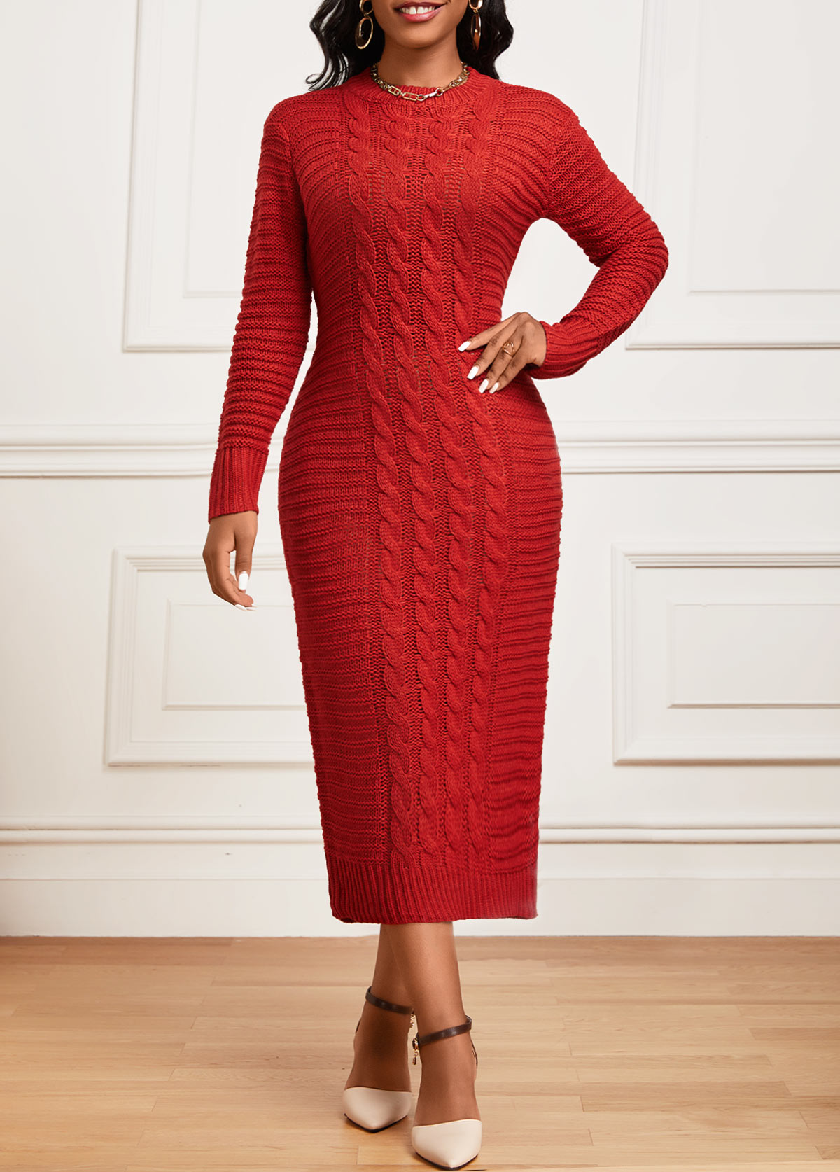 Long Sleeve Round Neck Red Bodycon Dress