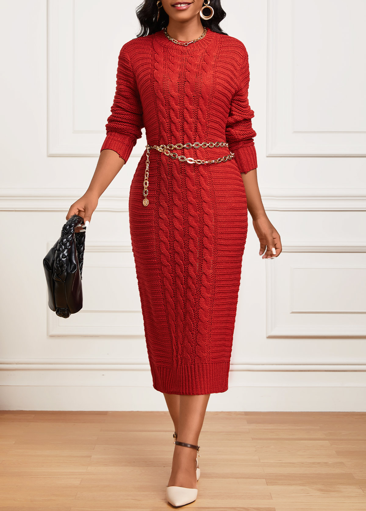 Long Sleeve Round Neck Red Bodycon Dress