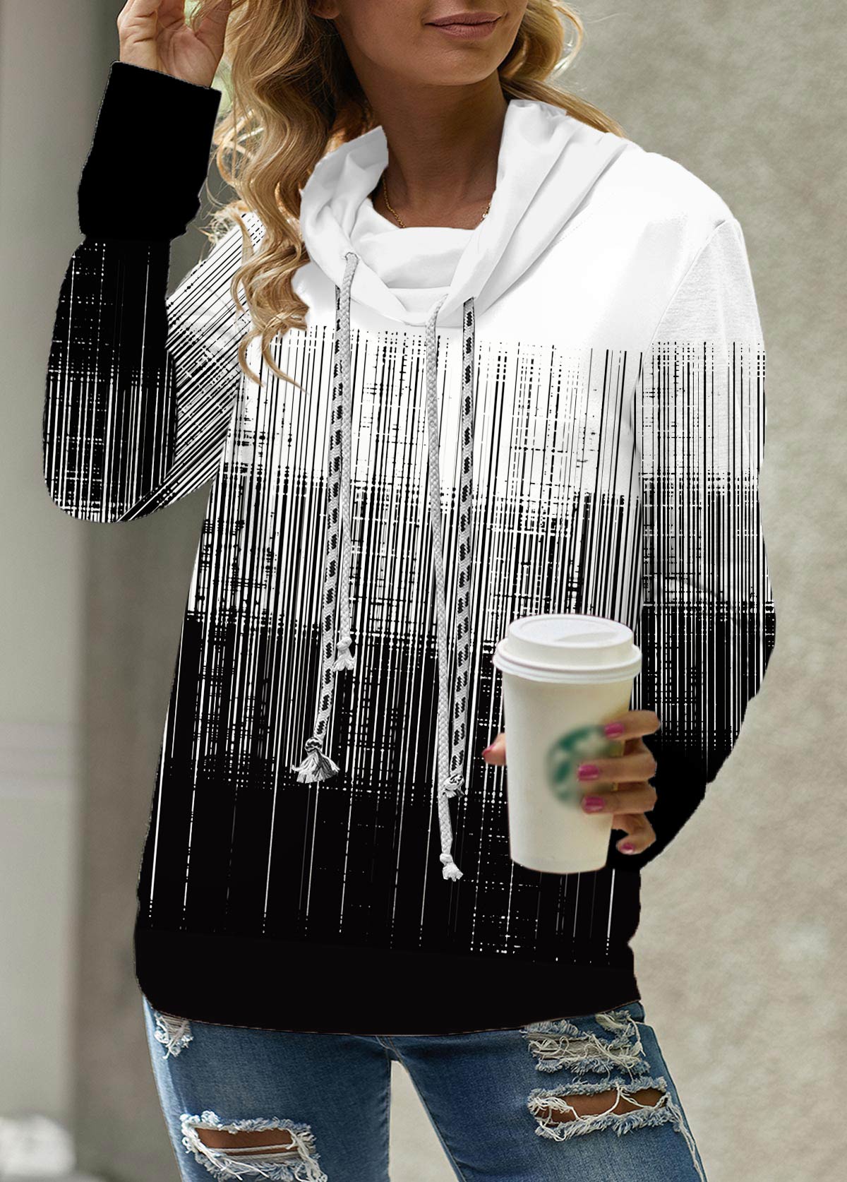 Black Patchwork Ombre Long Sleeve Cowl Neck Sweatshirt