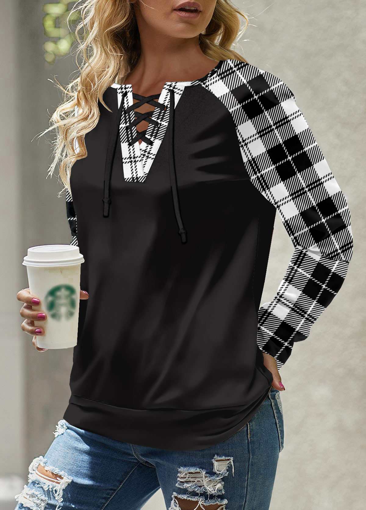 Black Lace Up Plaid Long Sleeve Round Neck Sweatshirt