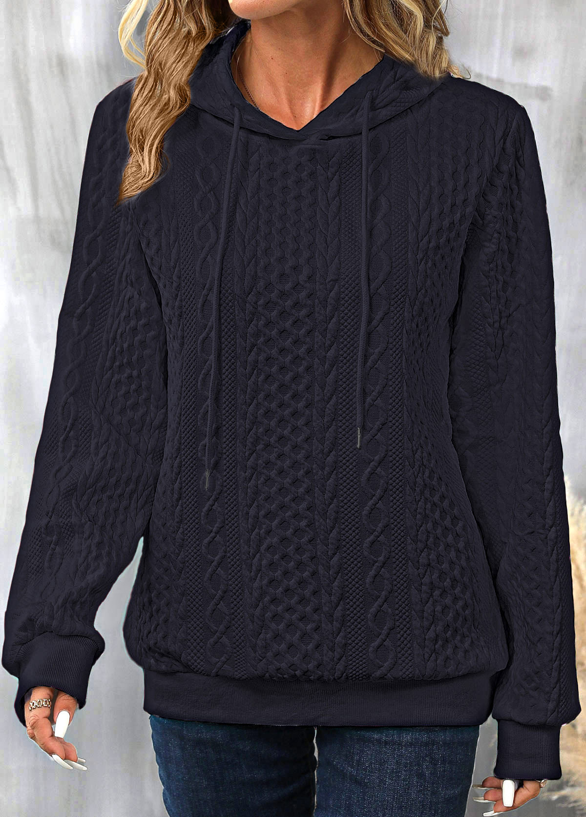 Patchwork Navy Drawstring Long Sleeve Hoodie | picture 