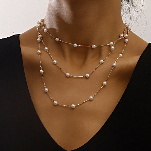 Patchwork Layered White Pearl Detail Necklace