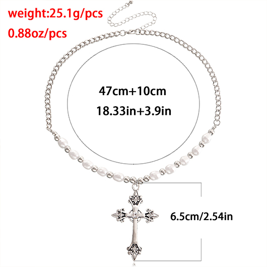 Silvery White Cross Pearl Detail Necklace