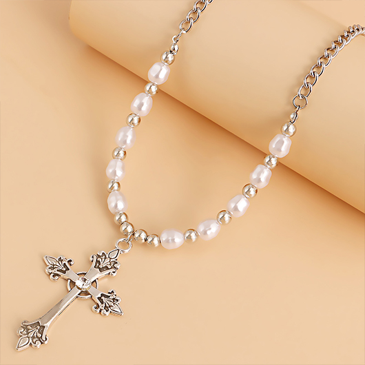 Silvery White Cross Pearl Detail Necklace