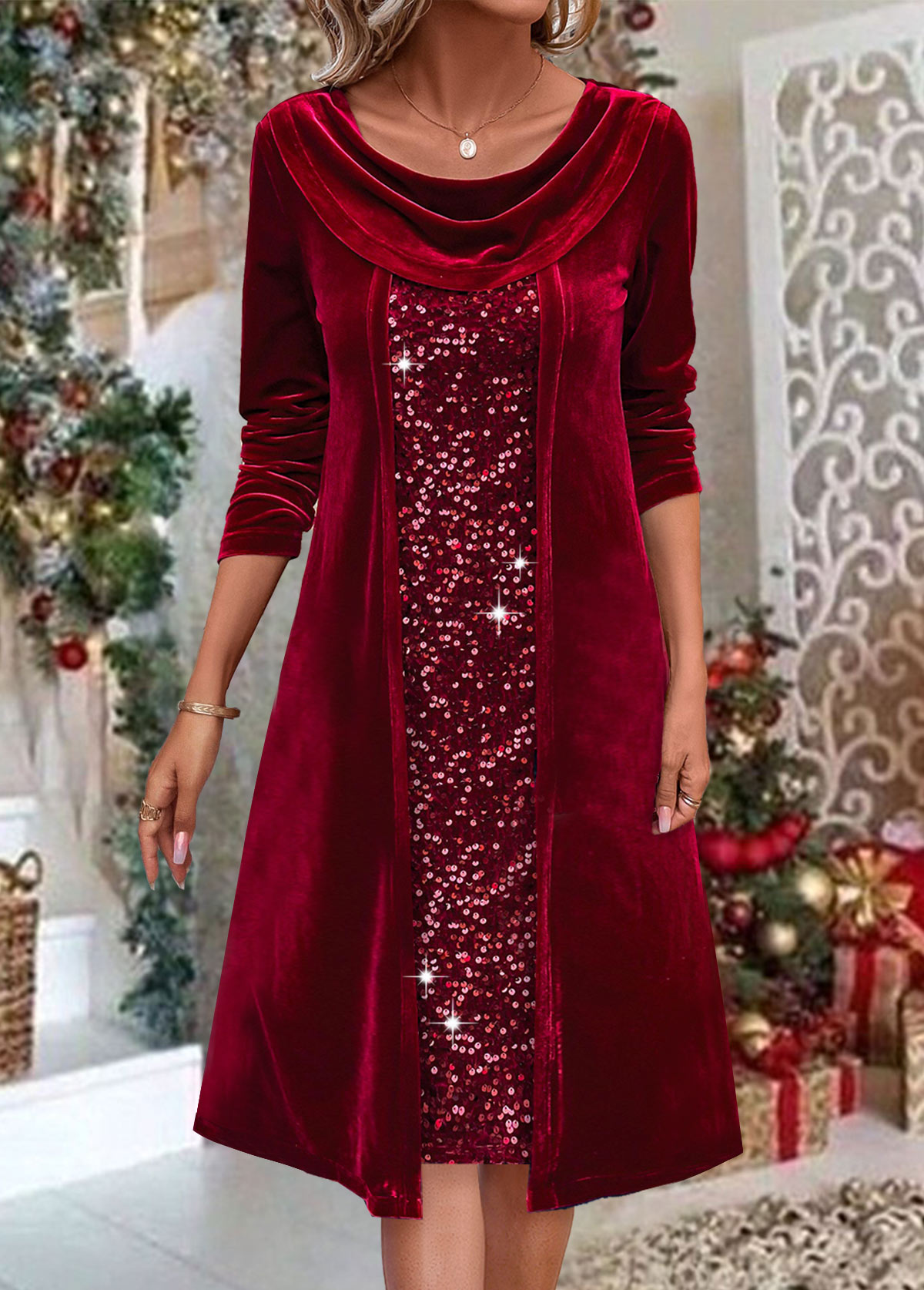 Wine Red Sequin A Line Long Sleeve Dress