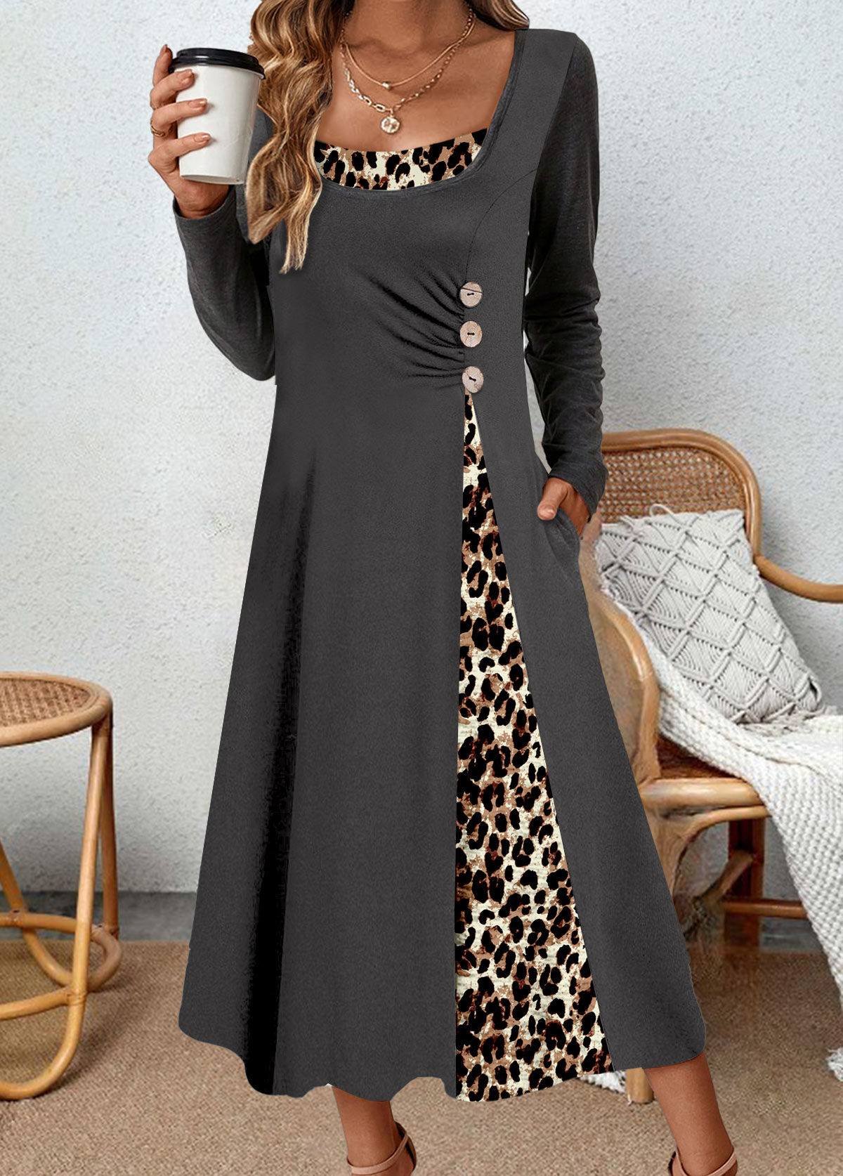 Dark Grey Asymmetry Leopard A Line Long Sleeve Dress
