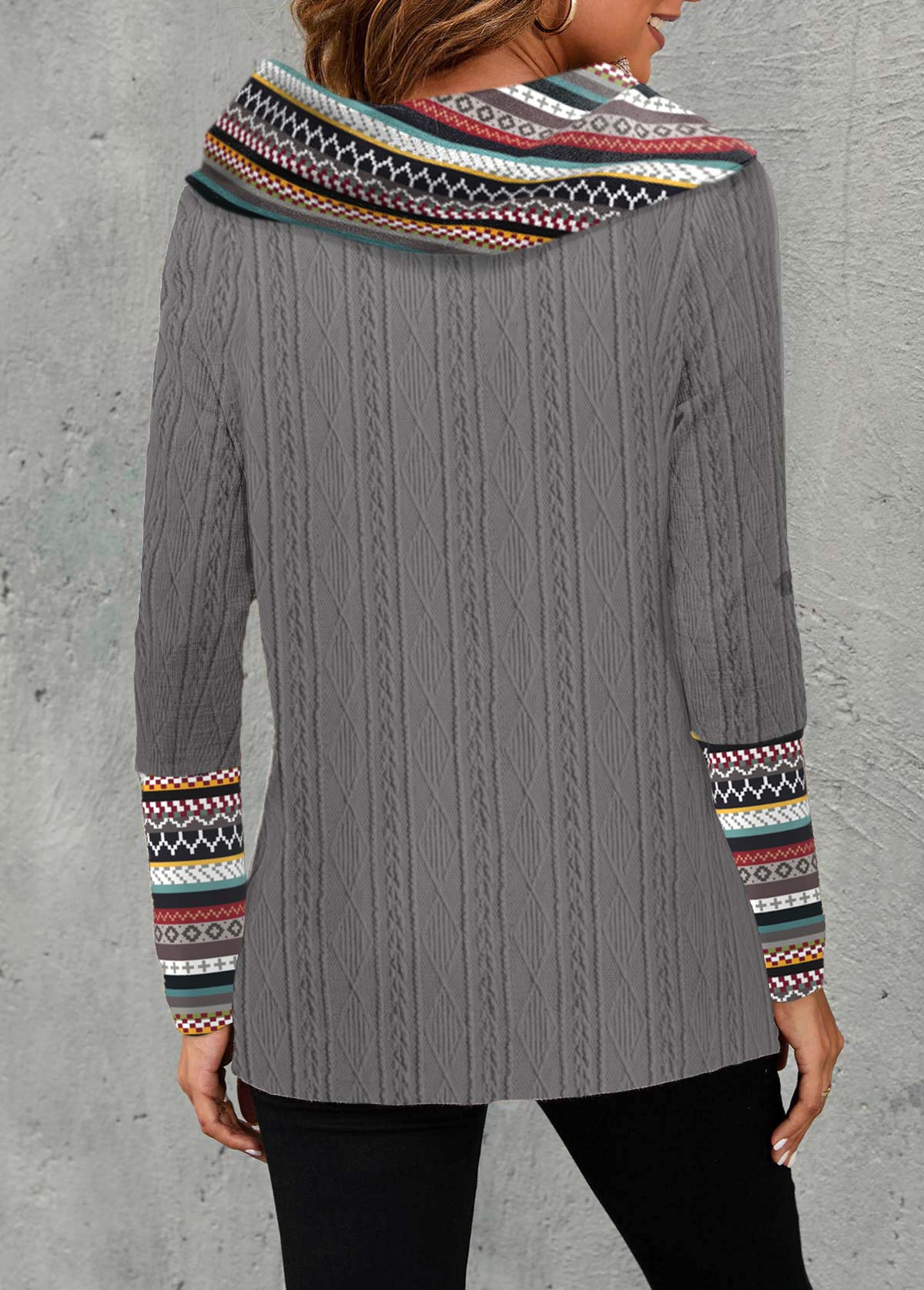 Dark Grey Patchwork Tribal Print Long Sleeve Sweatshirt