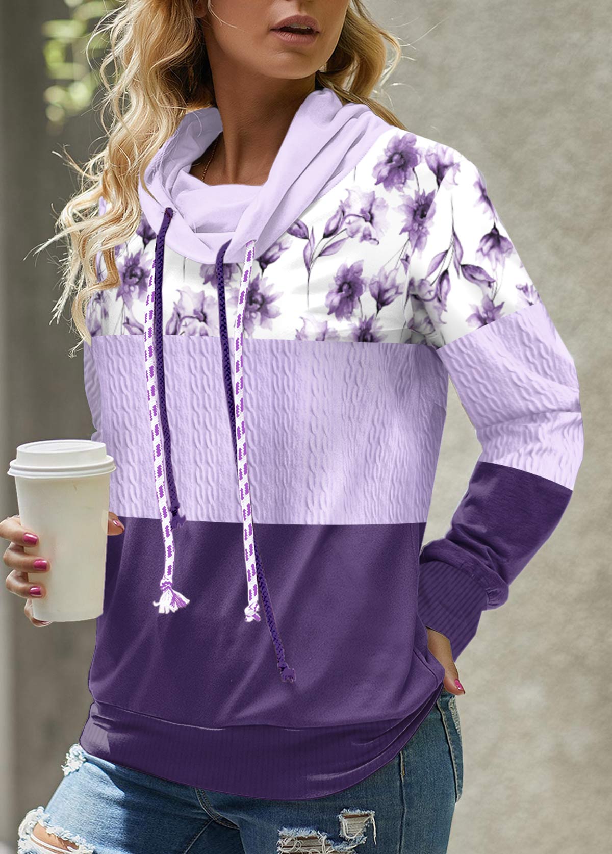 Plus Size Light Purple Patchwork Floral Print Sweatshirt
