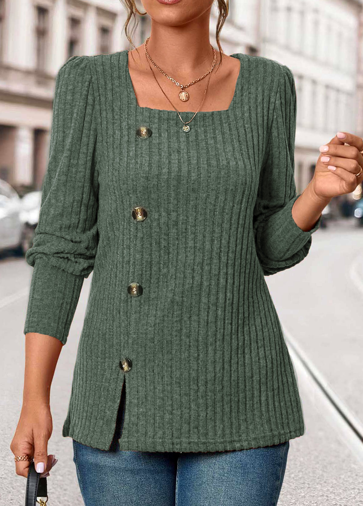 Olive Green Button Long Sleeve Square Neck T Shirt