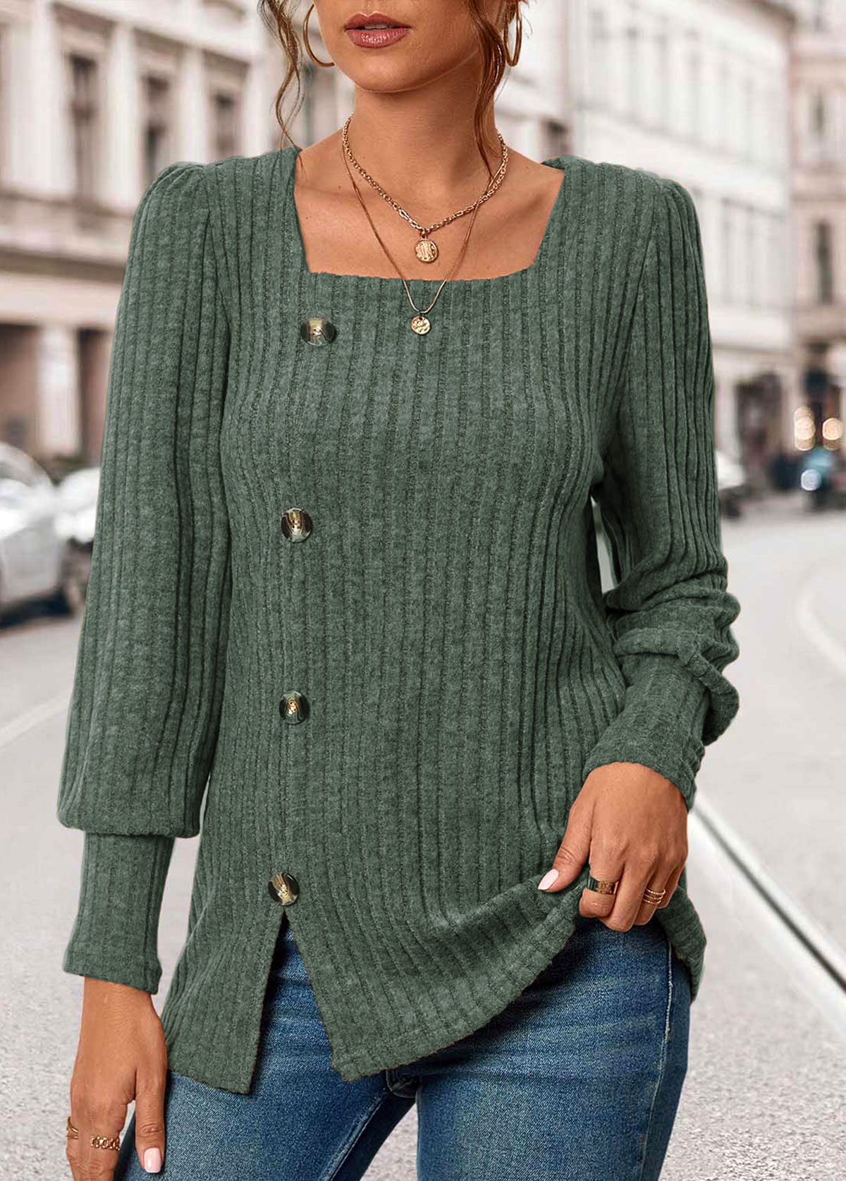 Olive Green Button Long Sleeve Square Neck T Shirt