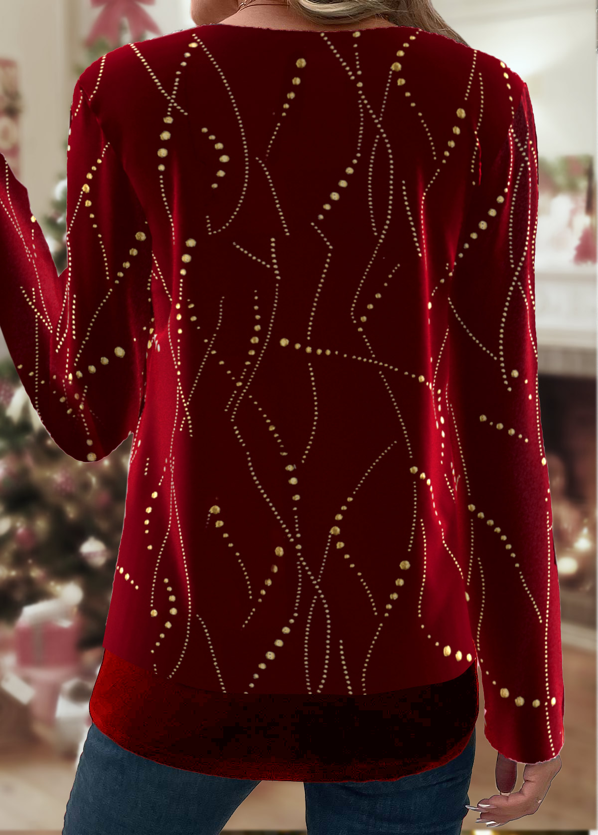 Wine Red Hot Stamping Geometric Print Long Sleeve Blouse