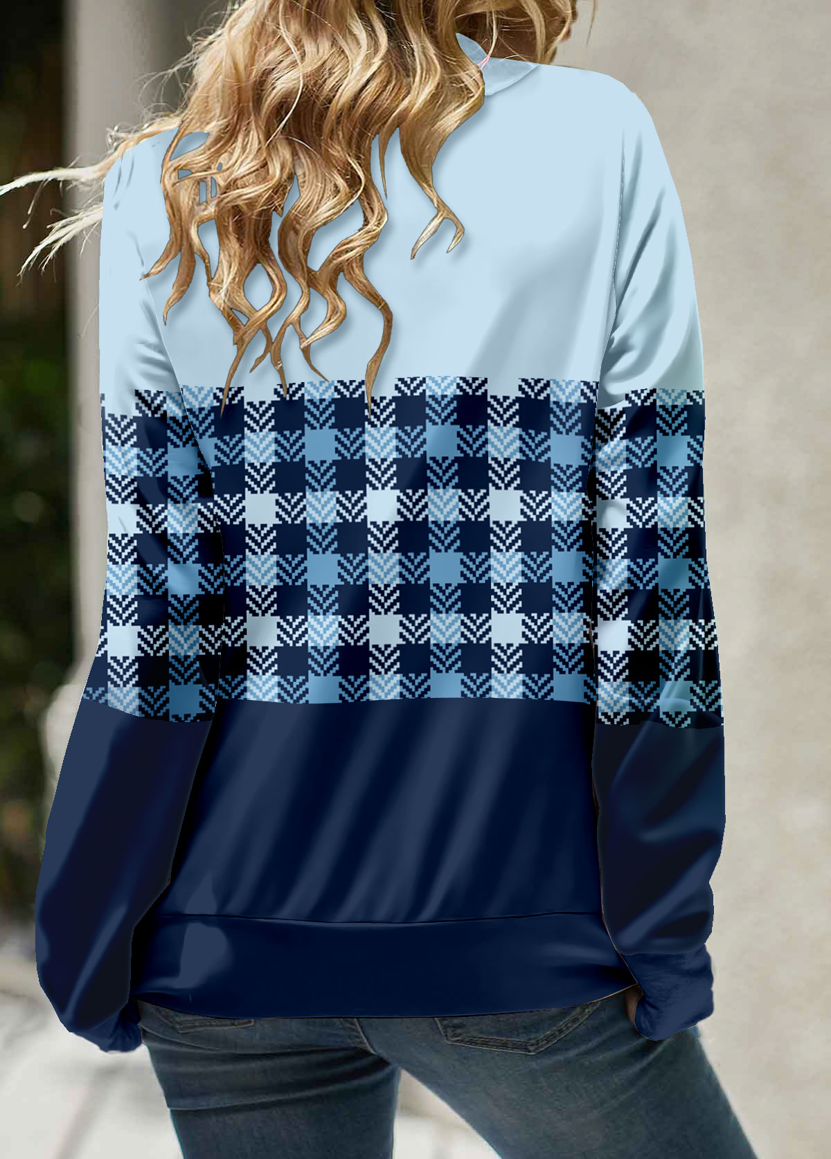 Light Blue Patchwork Plaid Long Sleeve Cowl Neck Sweatshirt