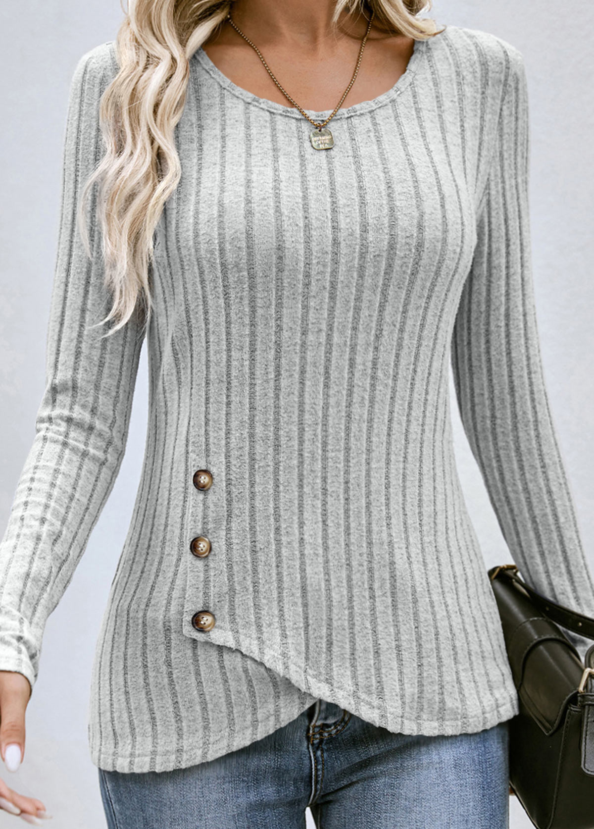 Grey Button Long Sleeve Round Neck T Shirt
