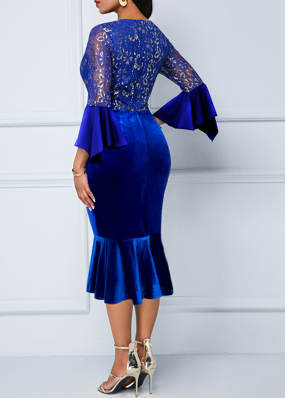 Royal Blue Velvet Three Quarter Length Sleeve Dress
