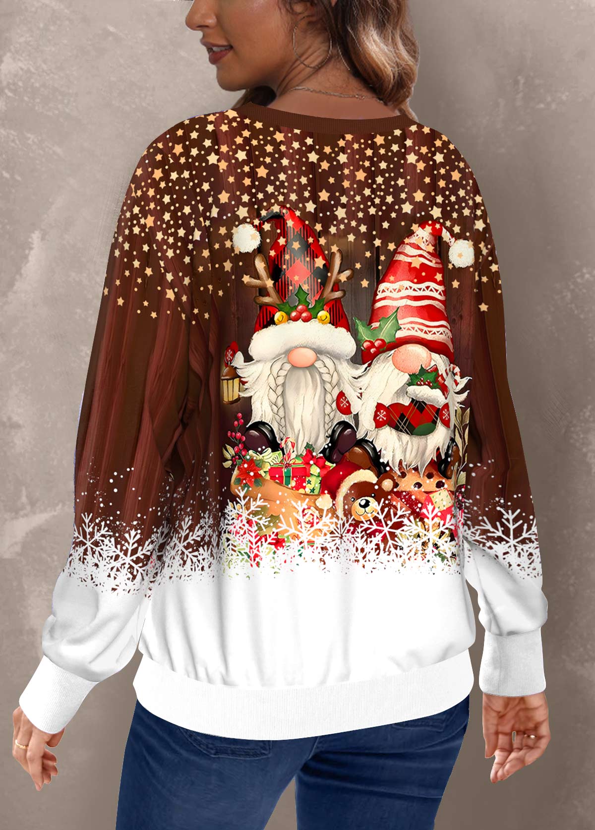 Dark Coffee Santa Claus Print Long Sleeve Sweatshirt