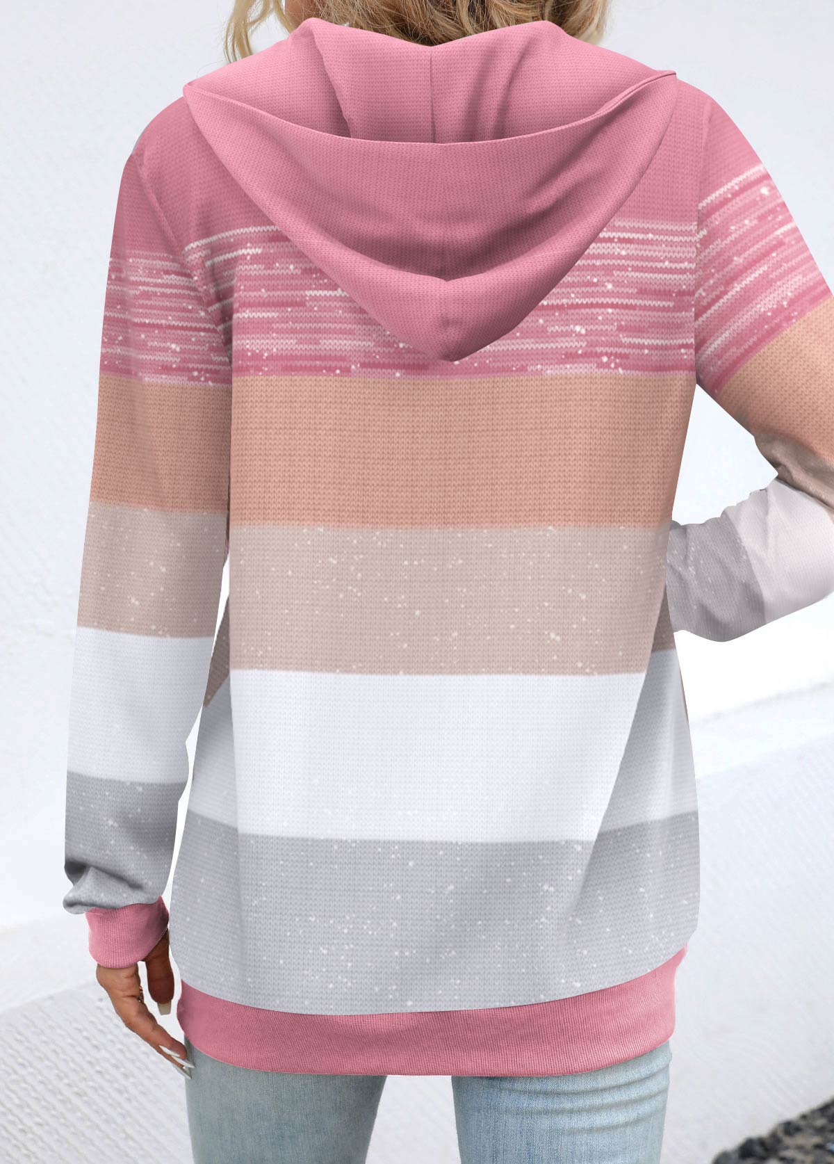 Plus Size Pink Pocket Geometric Print Long Sleeve Hoodie | picture 