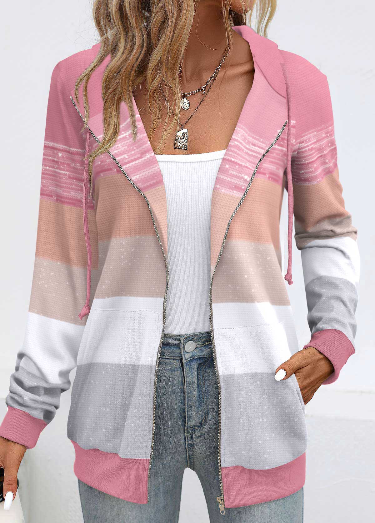 Plus Size Pink Pocket Geometric Print Long Sleeve Hoodie | picture 