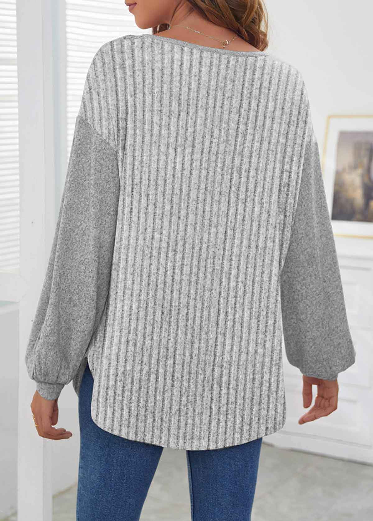 Plus Size Grey Button Long Sleeve Round Neck Sweatshirt