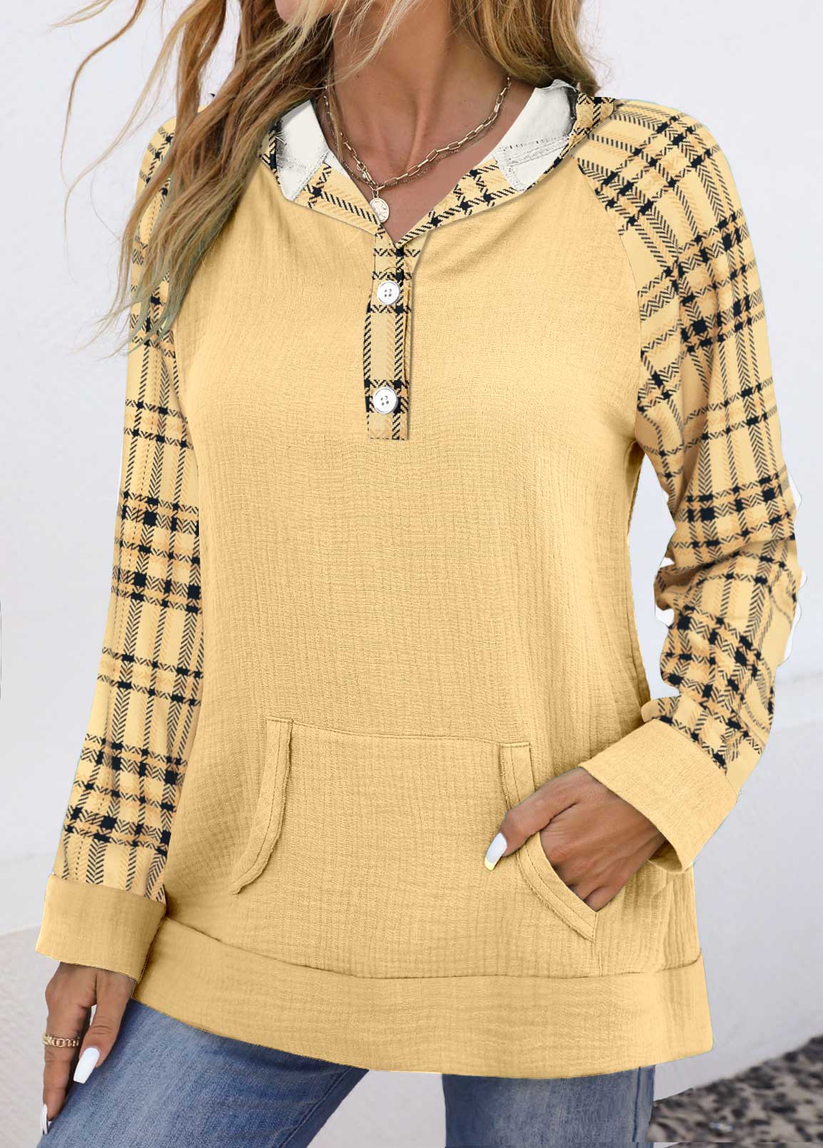Plus Size Light Yellow Patchwork Plaid Long Sleeve Hoodie