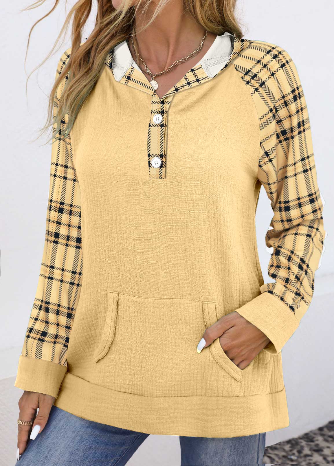 Plus Size Light Yellow Patchwork Plaid Long Sleeve Hoodie | picture 