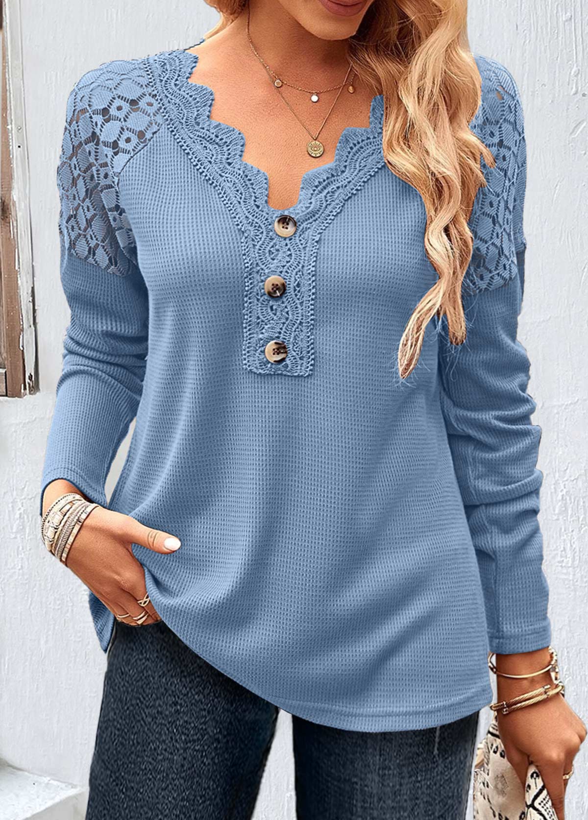 Plus Size Dusty Blue Lace Long Sleeve T Shirt | picture 