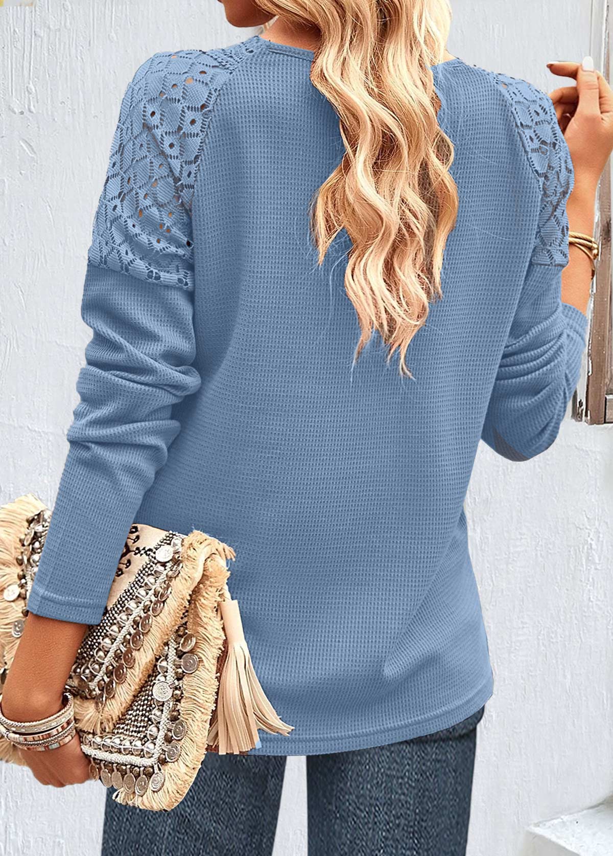 Plus Size Dusty Blue Lace Long Sleeve T Shirt | picture 
